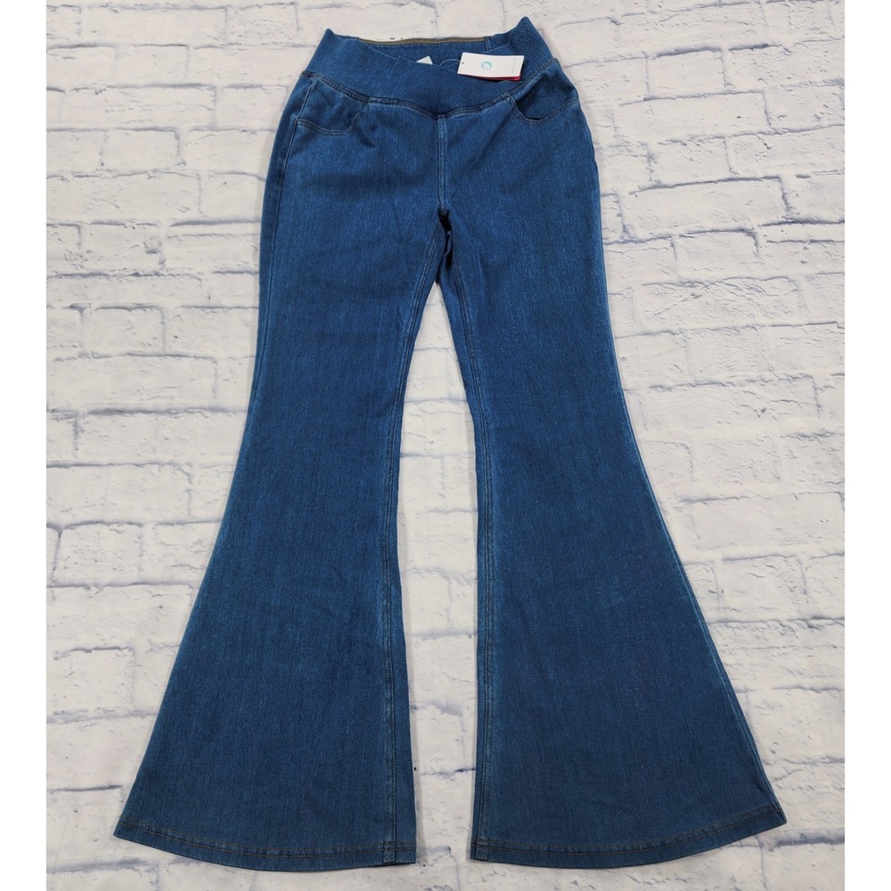 Iuga Pull on WOMENS M Flex High Waisted Crossover Pocket Flare Casual Jeans